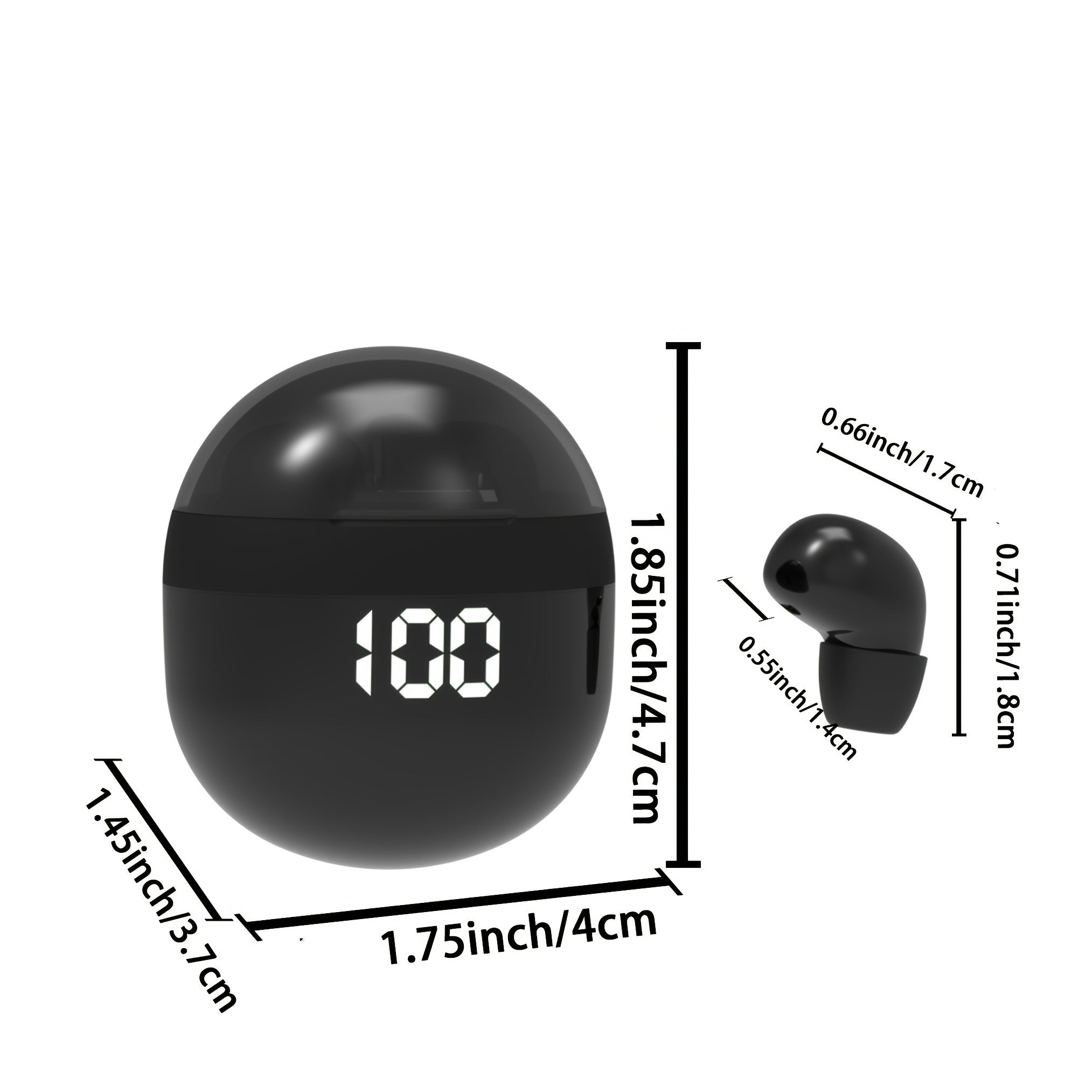 HighPeak Mini Wireless Earbuds in black with digital charging case showing battery level and compact dimensions
