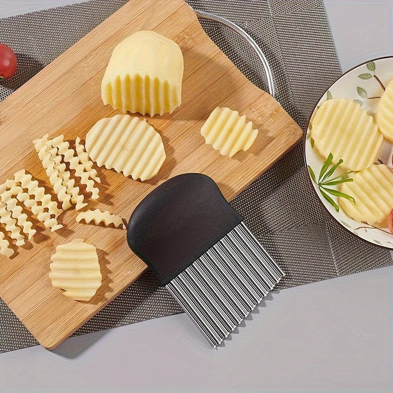 WaveBlade™ – Crinkle Cutter Knife with black handle slicing crinkle potatoes on wood board by HighPeak