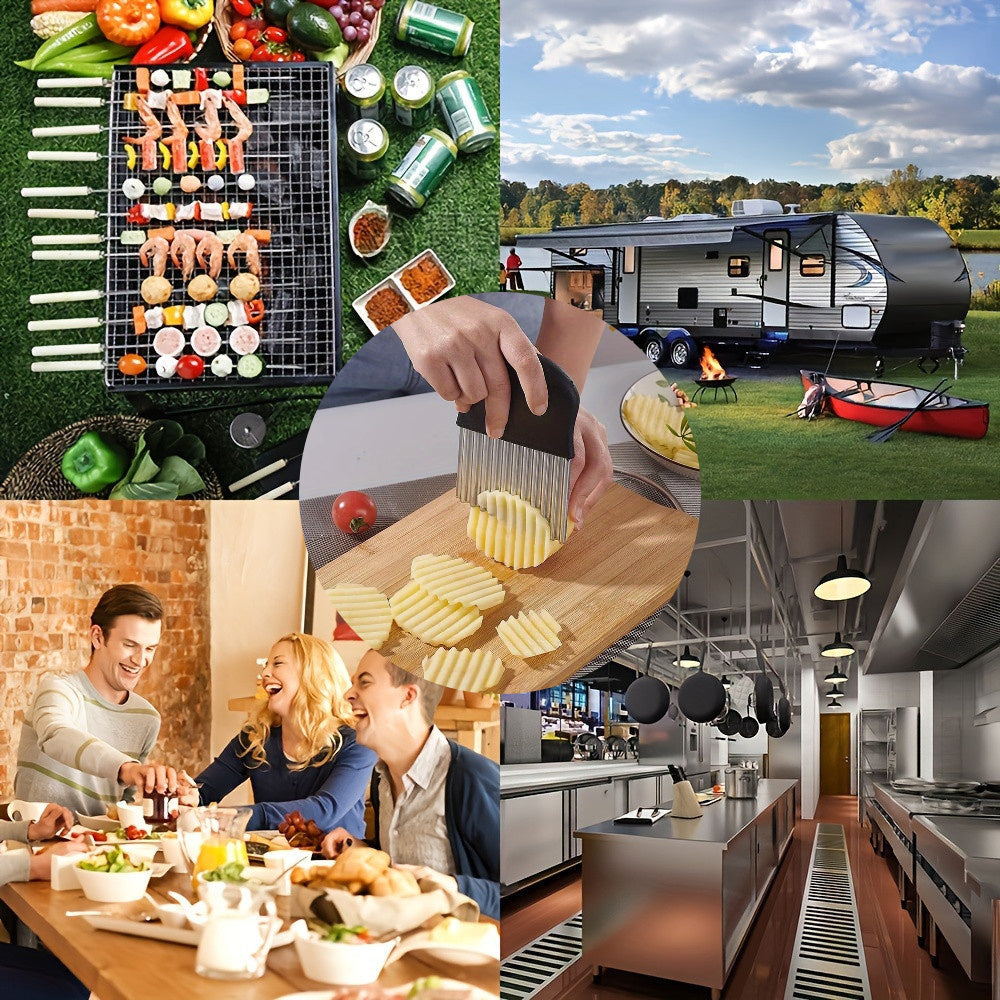 WaveBlade™ – Crinkle Cutter Knife slicing wavy fries on wood board with stainless steel blade and black handle.