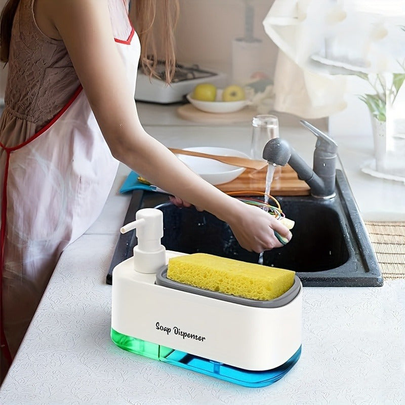 HighPeak SoapMate™ manual pump soap dispenser with sponge storage in white and blue on kitchen counter by sink