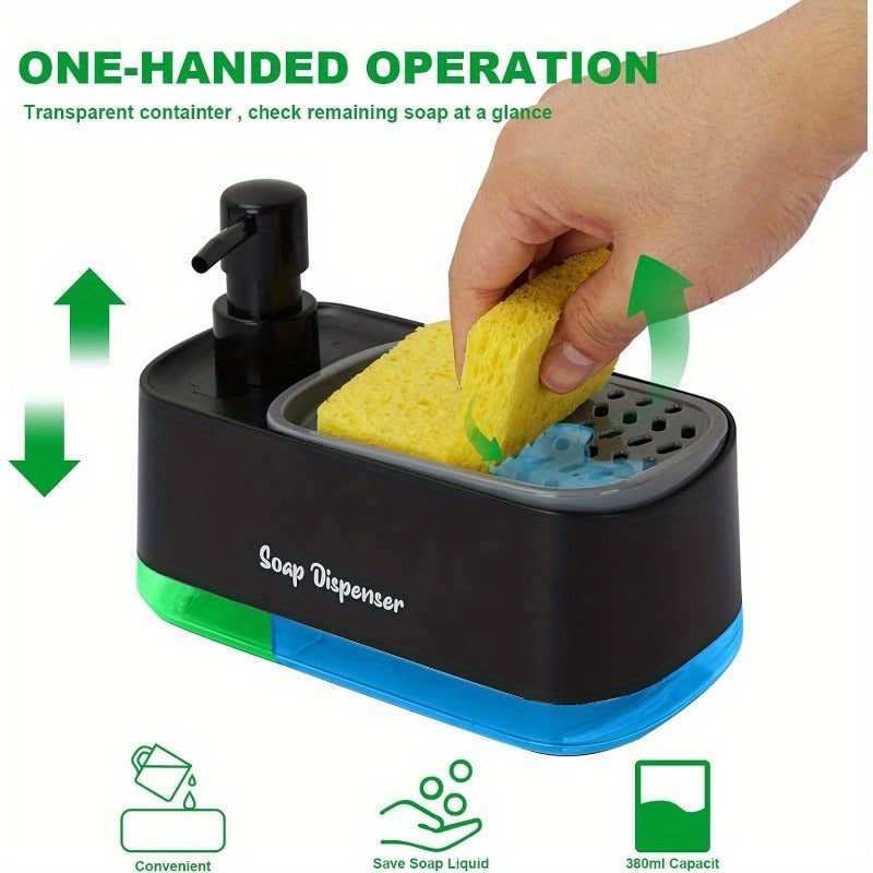 SoapMate™ black and green dual-chamber soap dispenser with sponge holder showing one-handed use in kitchen setting
