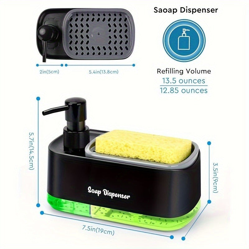 SoapMate™ black soap dispenser with built-in sponge holder and green base, compact and modern kitchen sink accessory by HighPeak