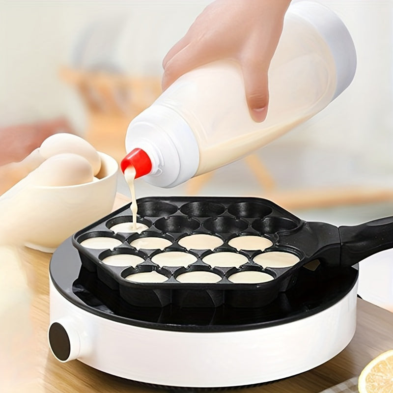 FlipFlow™ batter dispenser pouring pancake batter into a black stovetop pan with precision spout and whisk ball, HighPeak design.