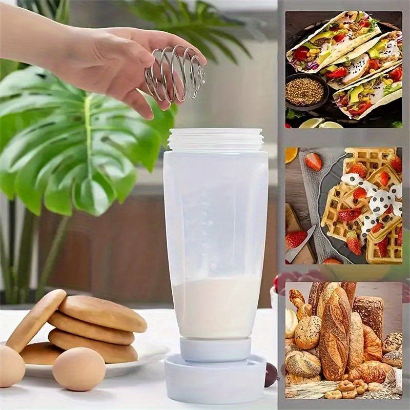 FlipFlow™ Batter Dispenser with built-in whisk ball being assembled on kitchen counter with eggs and pancakes nearby by HighPeak