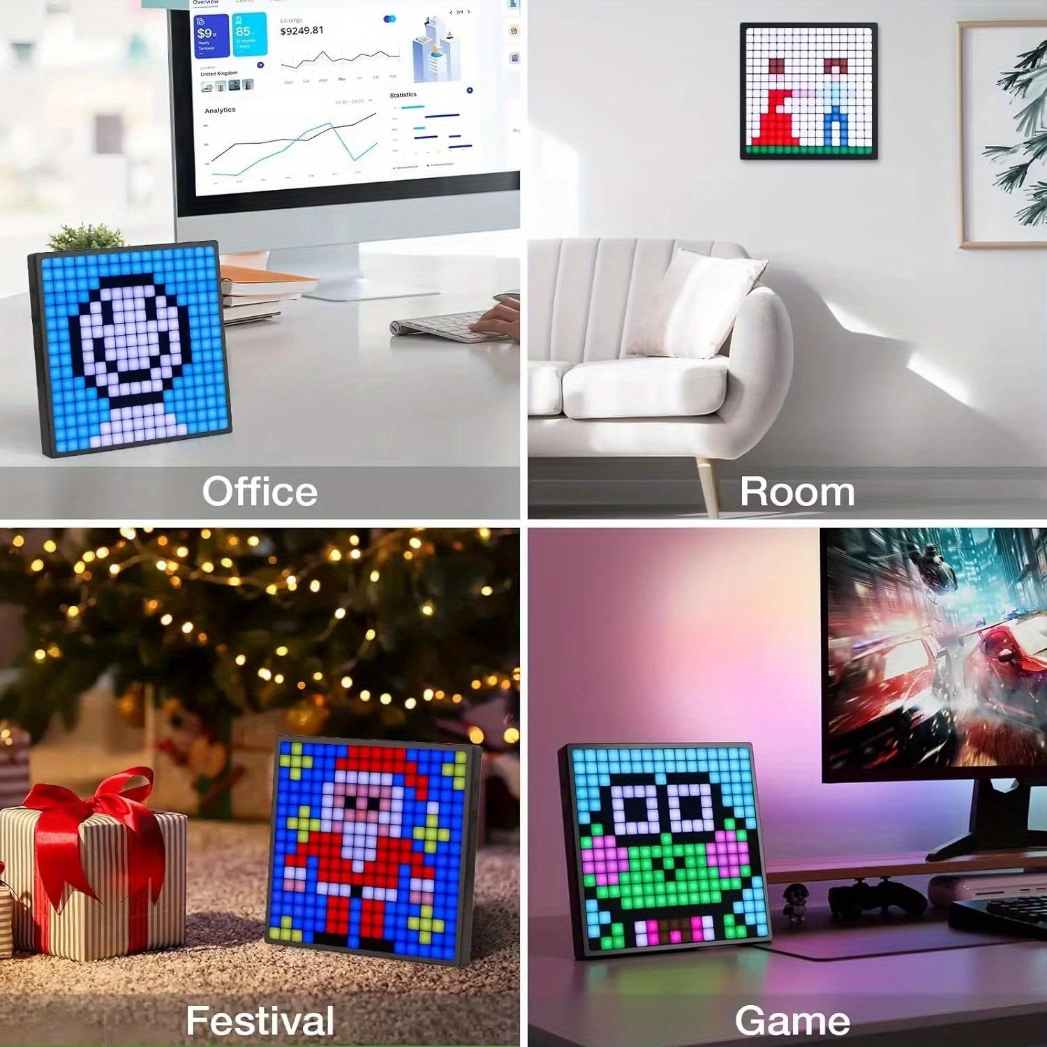PixelPlay™ Smart LED Frame showing colorful pixel art in office, room, festival, and gaming setups – HighPeak lighting decor.