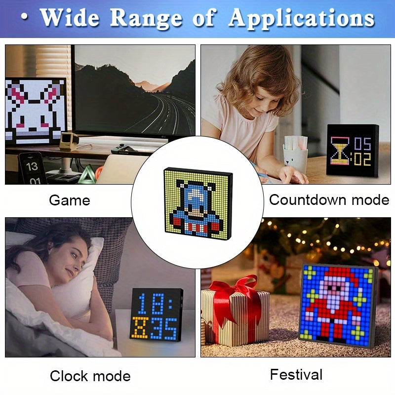 PixelPlay™ Smart LED Frame by HighPeak displaying pixel art and countdown in various settings for gaming and decoration.