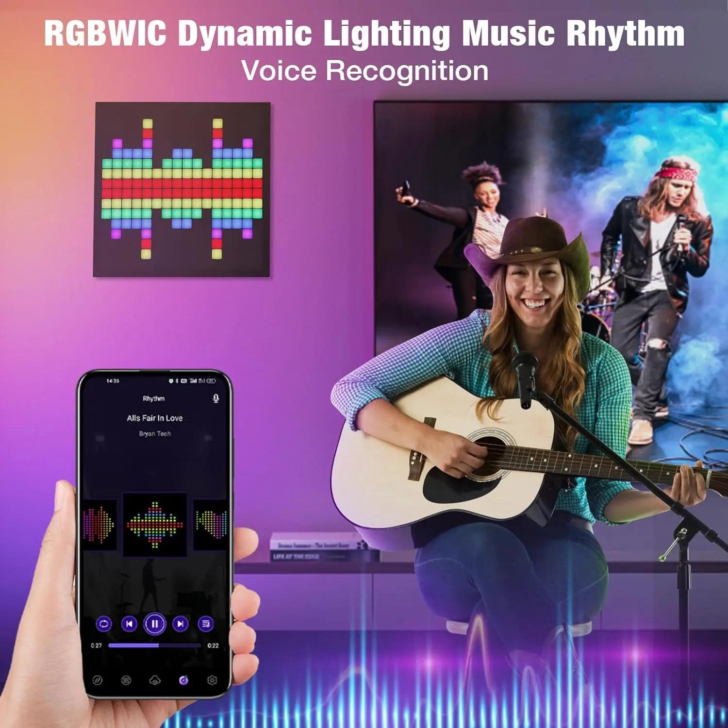 PixelPlay™ - Smart LED Frame displaying dynamic music rhythm light art controlled by phone with a woman playing guitar nearby