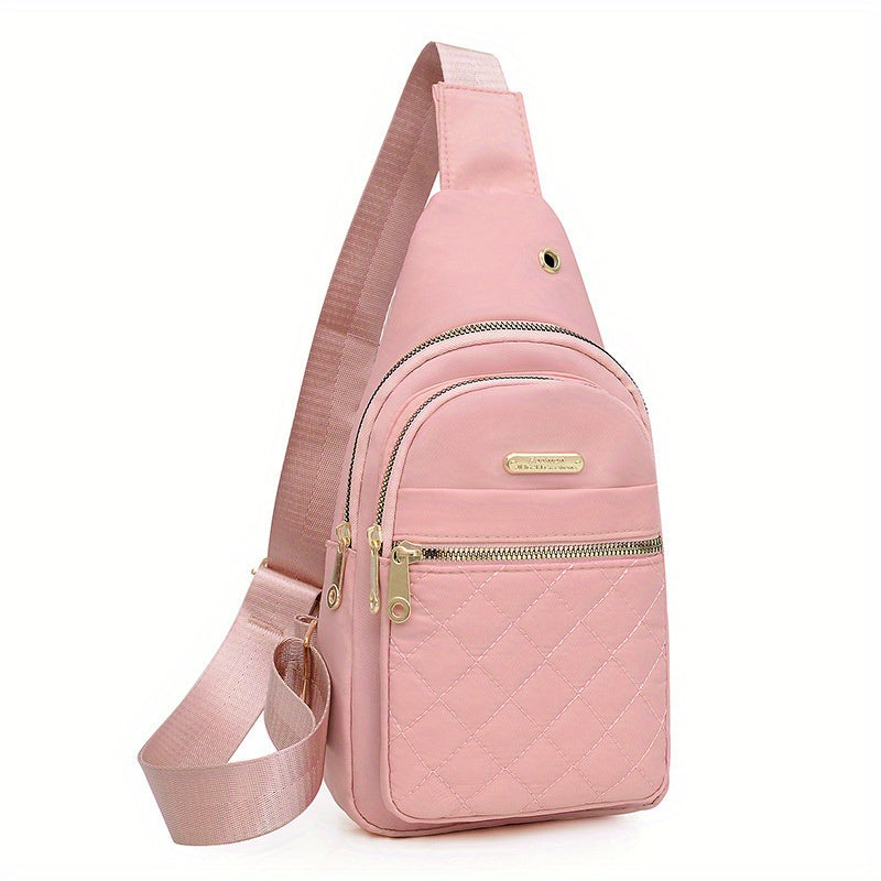 HighPeak Crossbody Bag in pink with quilted design, dual zipper pockets, and adjustable sling strap for hands-free comfort