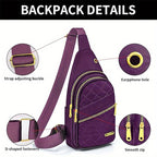 HighPeak Crossbody Bag in purple quilted design with adjustable strap, dual zippers, earphone hole, and smooth gold-tone hardware.