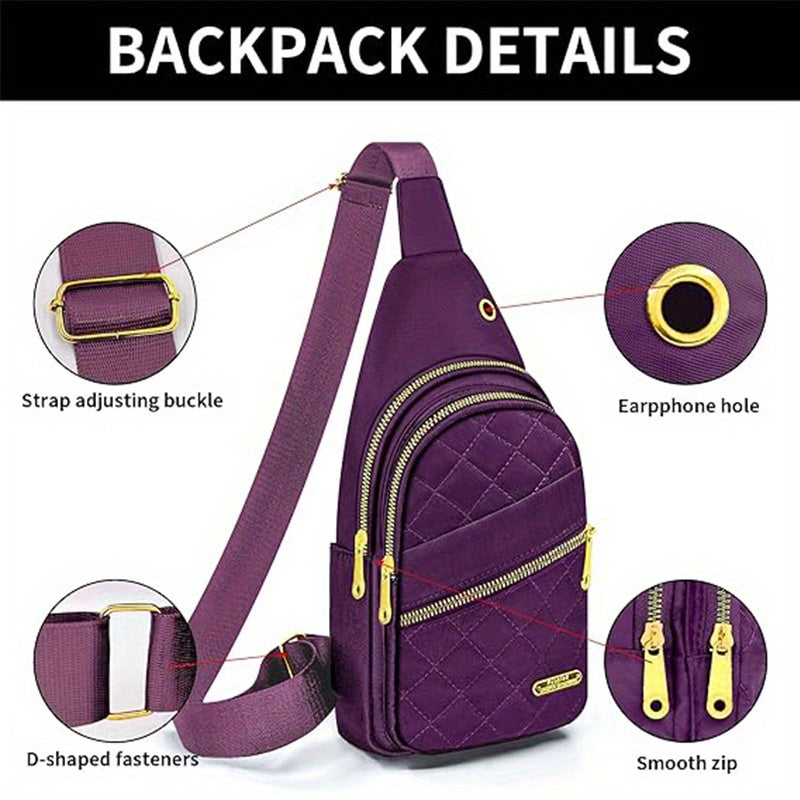 HighPeak Crossbody Bag in purple quilted design with adjustable strap, dual zippers, earphone hole, and smooth gold-tone hardware.