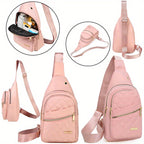HighPeak Crossbody Bag in pink quilted design with dual-zip pockets and adjustable strap for hands-free daily use