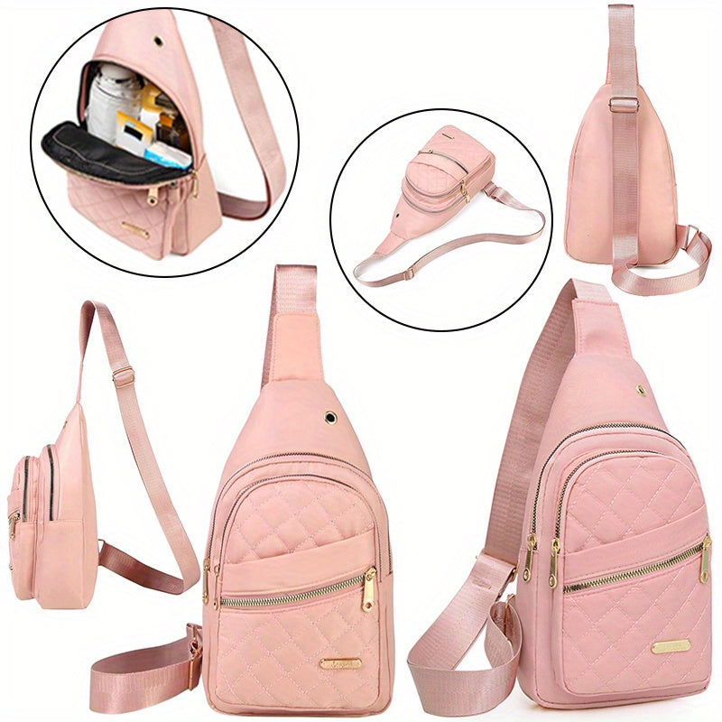 HighPeak Crossbody Bag in pink quilted design with dual-zip pockets and adjustable strap for hands-free daily use