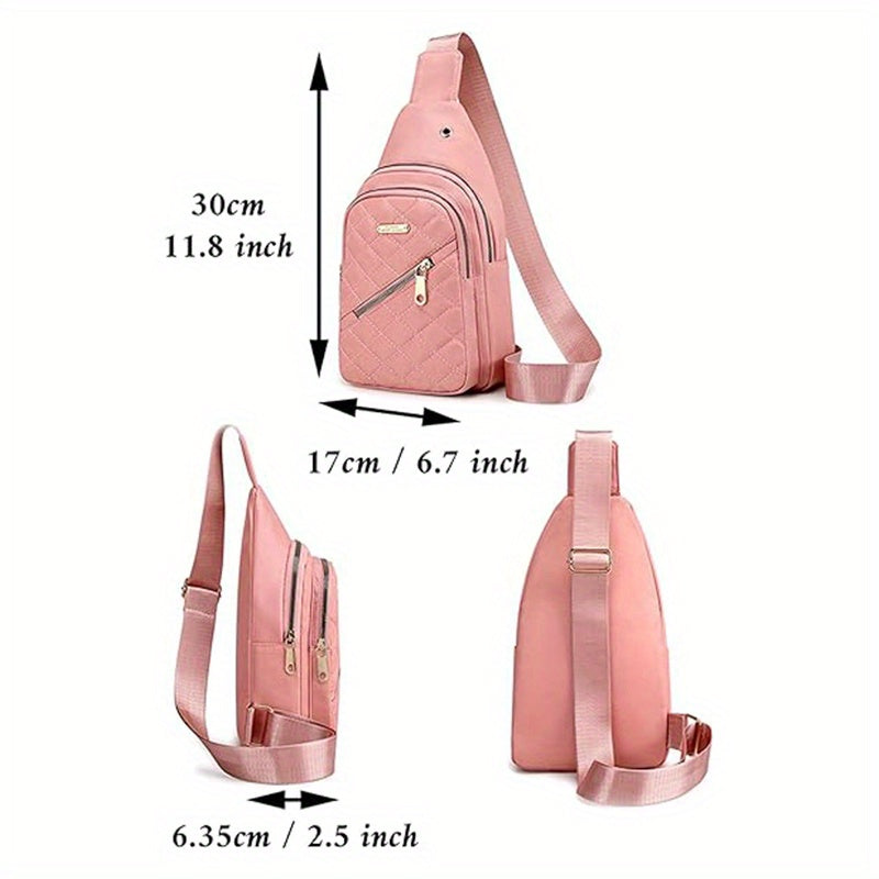 HighPeak Crossbody Bag in pink with quilted finish, dual-zip compartments, adjustable strap, shown with size dimensions