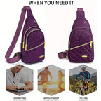 HighPeak Crossbody Bag in purple quilted design with dual zippers and adjustable strap for commuting, appointments, and cycling
