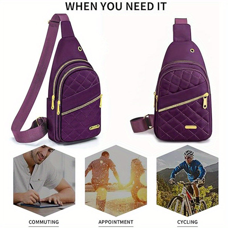 HighPeak Crossbody Bag in purple quilted design with dual zippers and adjustable strap for commuting, appointments, and cycling