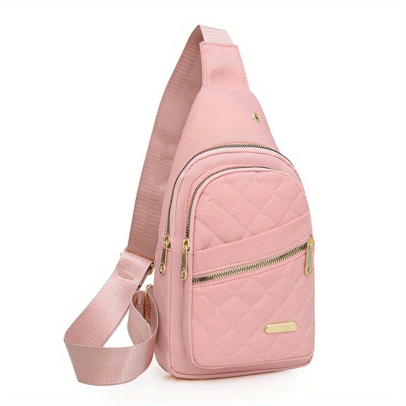HighPeak Crossbody Bag in pink quilted design with double-zip pockets and adjustable strap for hands-free use