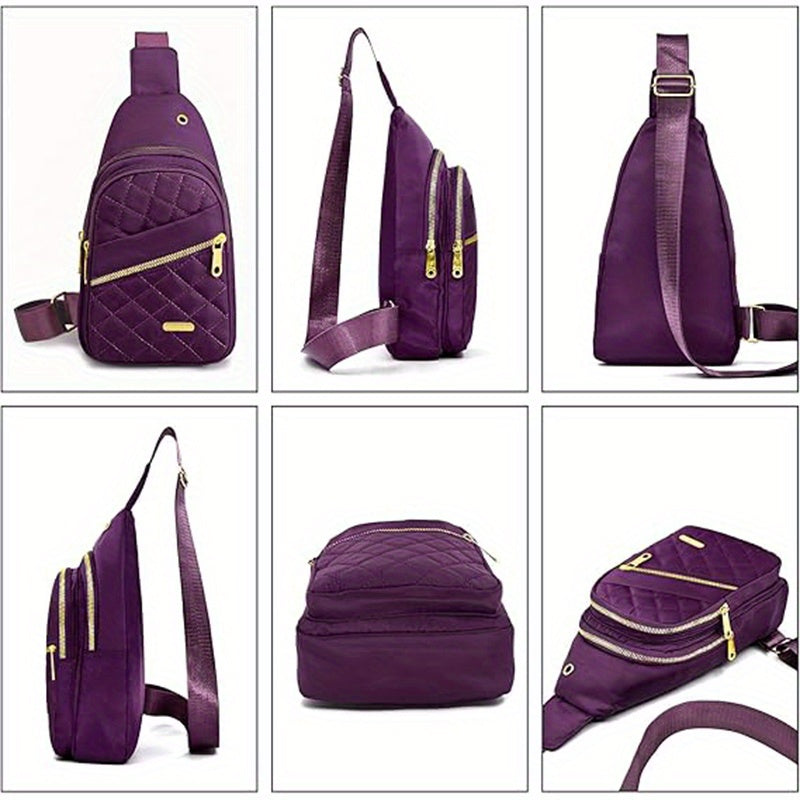 HighPeak Crossbody Bag in purple with quilted finish, dual zip pockets, adjustable strap, and lightweight design shown from multiple angles