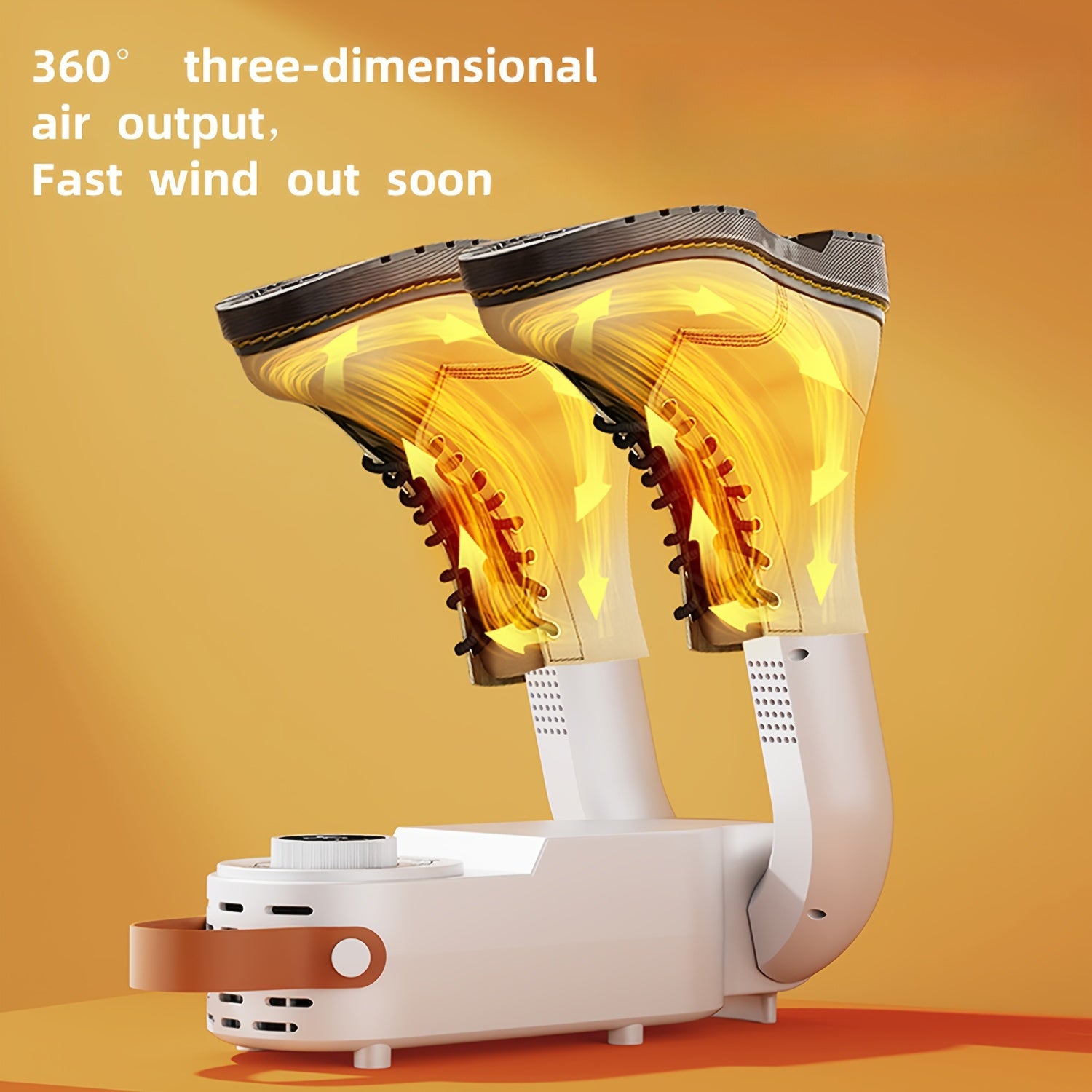 ShoeJet™ shoe dryer in white with dual foldable arms drying brown boots using 360° warm air circulation system