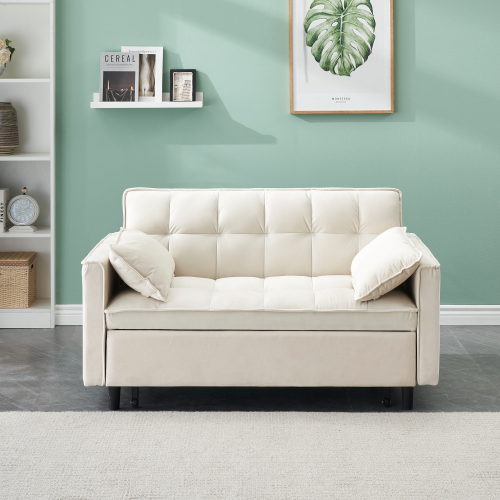 HighPeak Folding Sofa Bed in beige velvet with tufted cushions and pillows in a modern living room setting