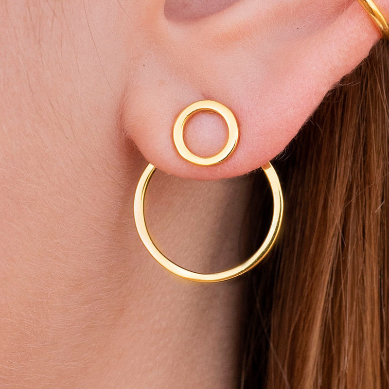 HighPeak Geometric Gold Earrings featuring two gold-plated circular styles worn on the ear, minimalist and bold design.