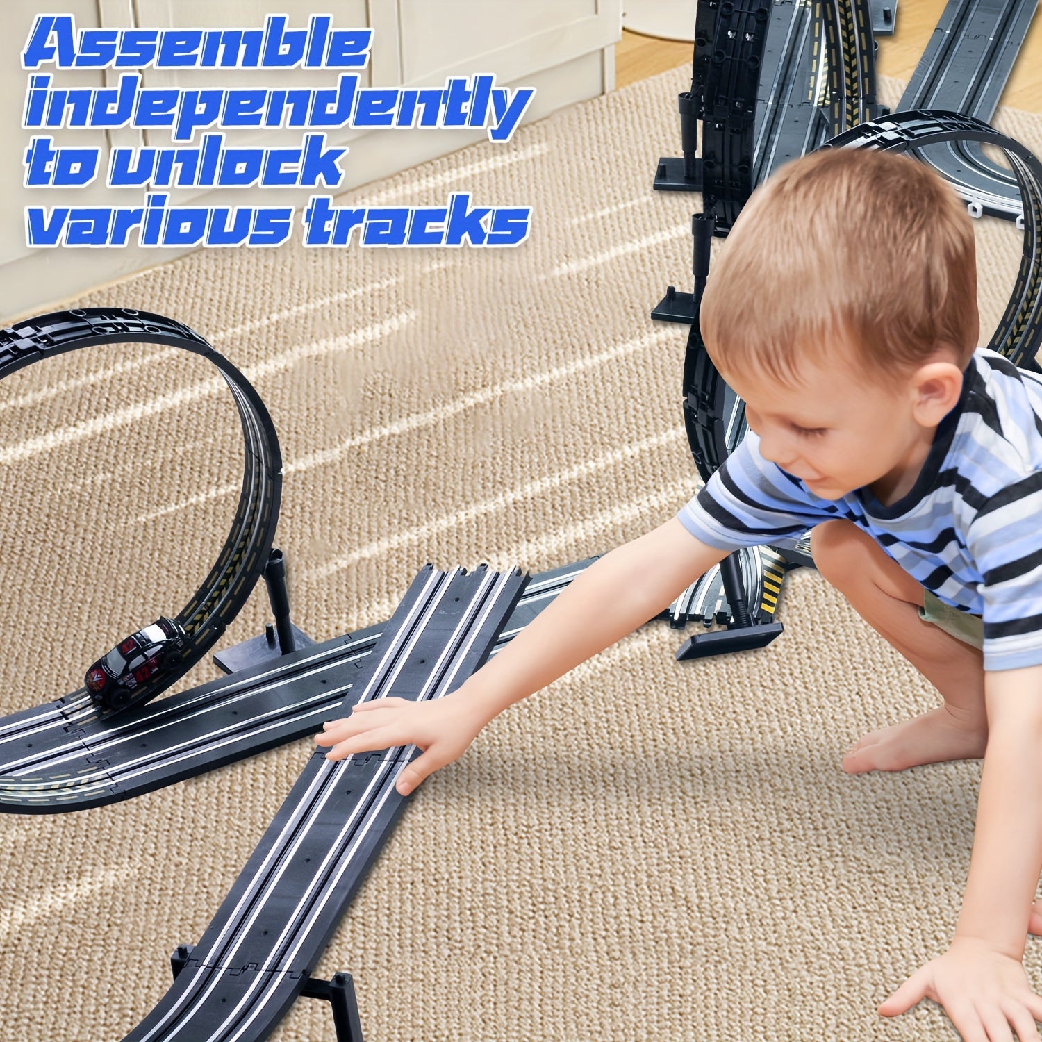 HighPeak TurboLoop™ - Car Track Set with black snap-together loops and a child assembling the race track on carpet