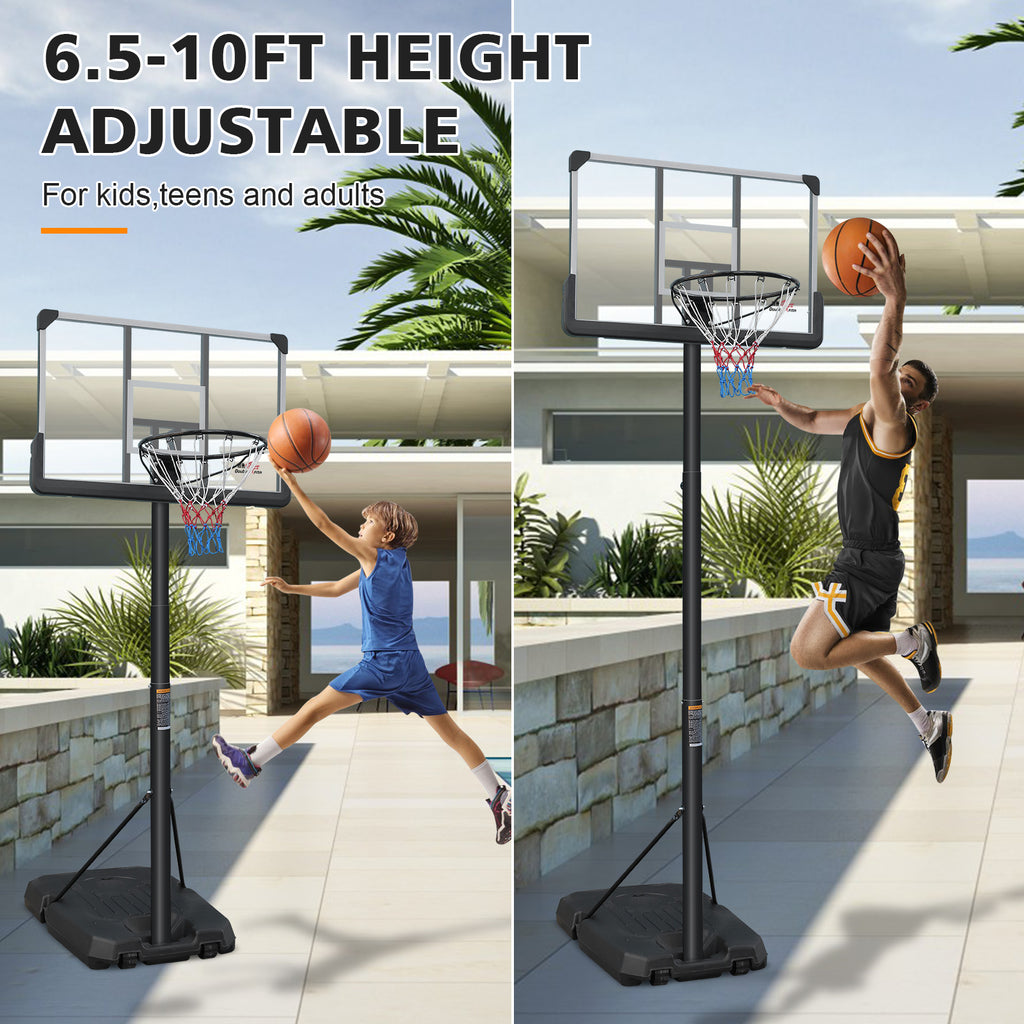 HighPeak Adjustable Basketball Hoop with 44" shatterproof backboard and wheeled base shown with kids and adult playing.