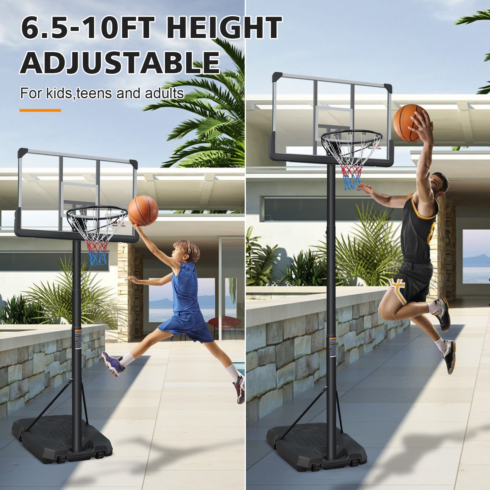 HighPeak Adjustable Basketball Hoop with 44" shatterproof backboard and wheeled base shown with kids and adult playing.