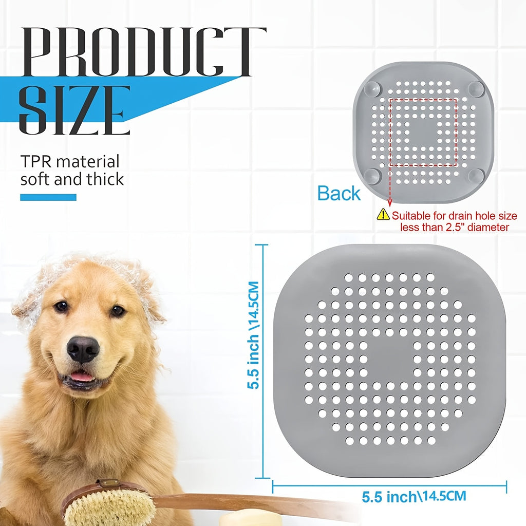 DrainGuard™ gray silicone drain protector with suction cups, 5.5 inch square, shown with dog and brush, HighPeak design.