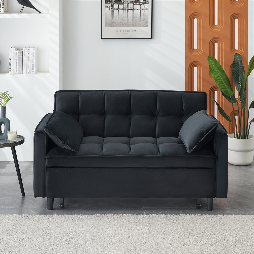 HighPeak Folding Sofa Bed in black velvet with padded arms and compact design in a modern living room setting