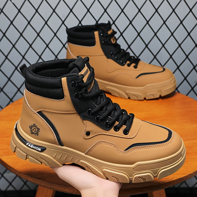 TrailForge™ boots in tan and black with thick EVA sole and lace-up fit showcased on wooden table by HighPeak