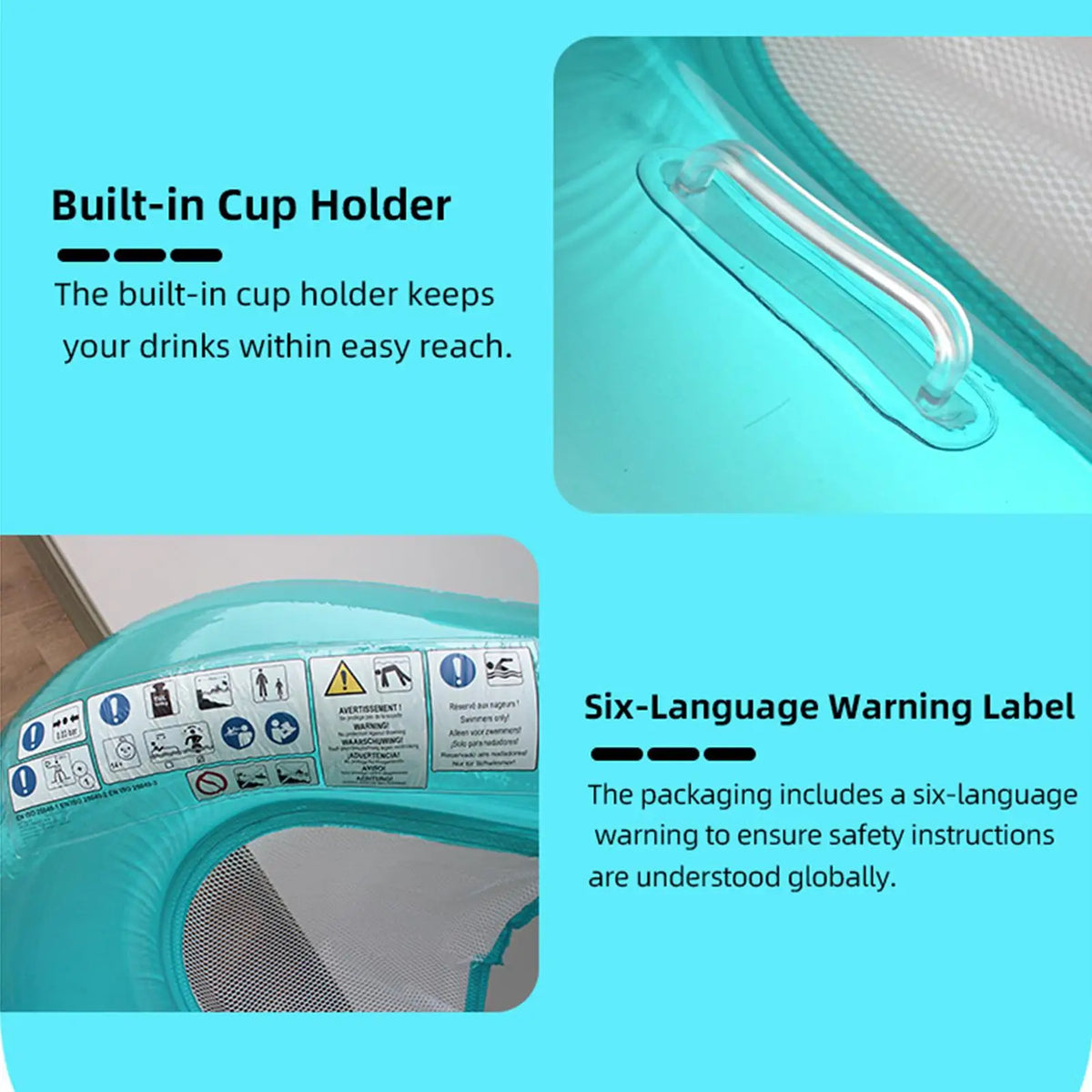 2-Person Pool Lounger grab handle and warning label close-ups; the handle photo is mislabeled as a cup holder