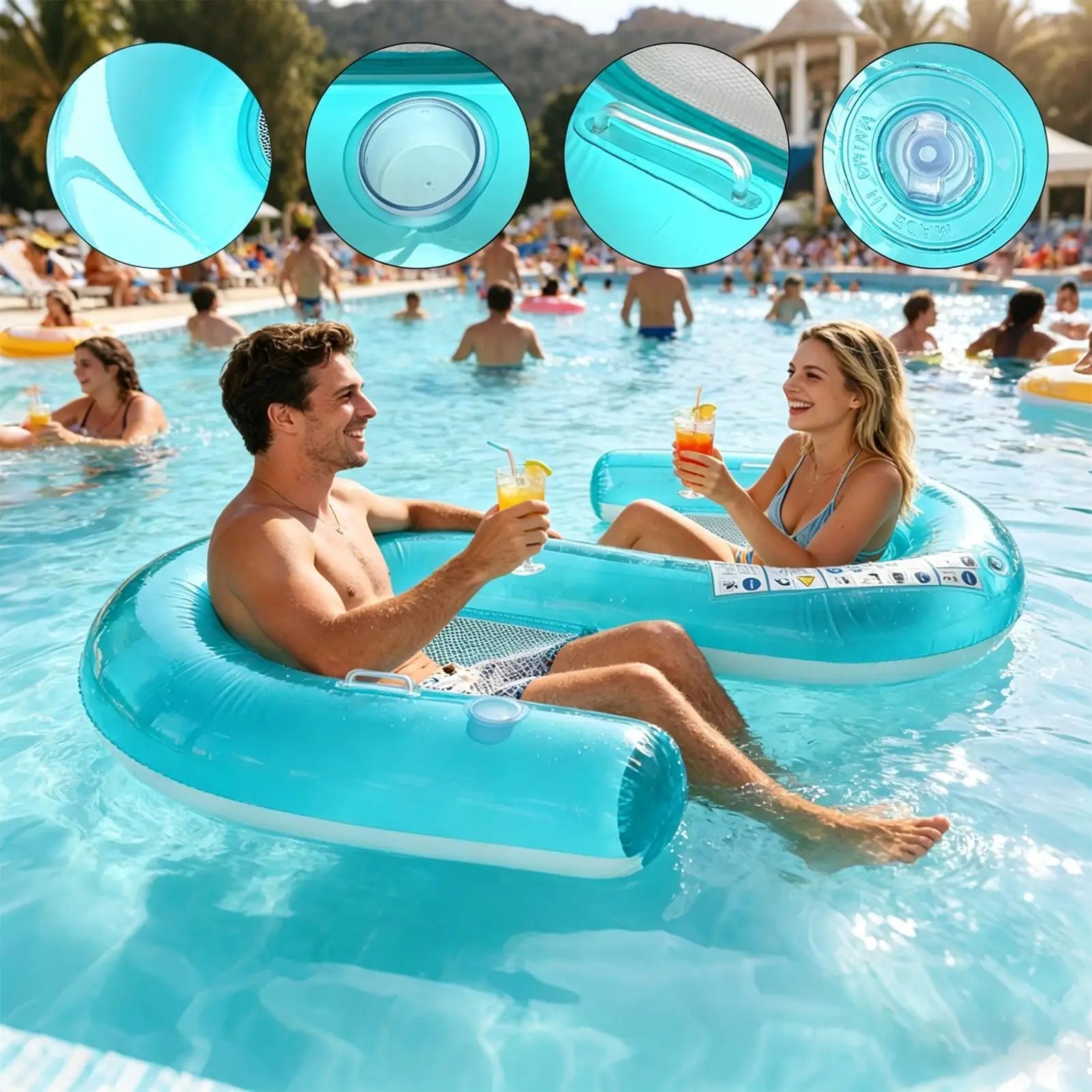 2-Person Pool Lounger with two adults in a pool and close-ups of the backrest, cup holder, handle and valve