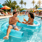 2-Person Pool Lounger with two adults relaxing in a palm-lined resort pool, with mesh seating visible