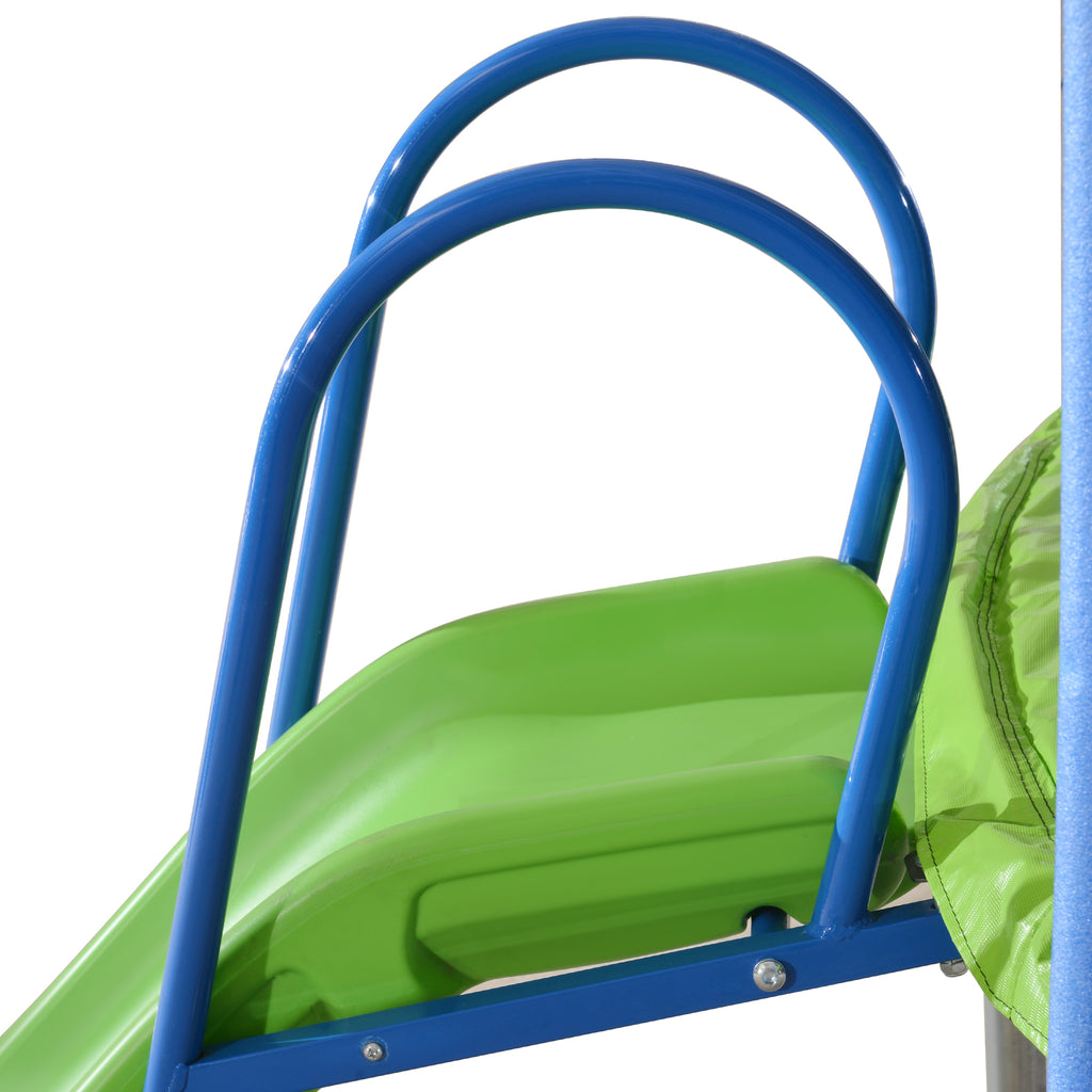 HighPeak Trampoline with Playground slide in green with blue ladder frame, part of backyard fun set for kids and adults.