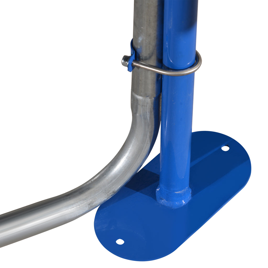 HighPeak Trampoline with Playground close-up of blue metal base plate and steel frame joint for stability and safety