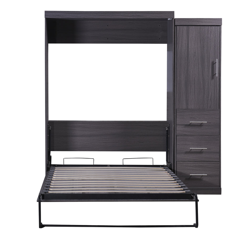 HighPeak Foldable Cabinet Bed in sleek gray with built-in wardrobe and drawers, space-saving full-size murphy bed frame.