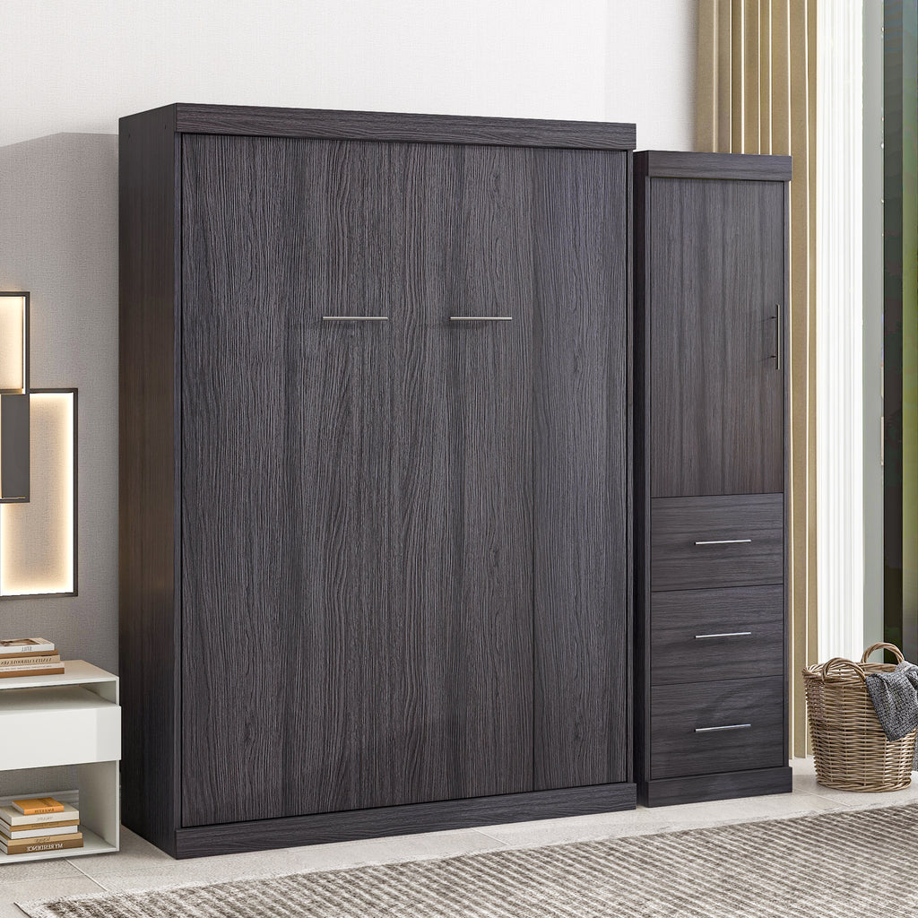 HighPeak Foldable Cabinet Bed in dark gray with built-in wardrobe and drawers in modern living space
