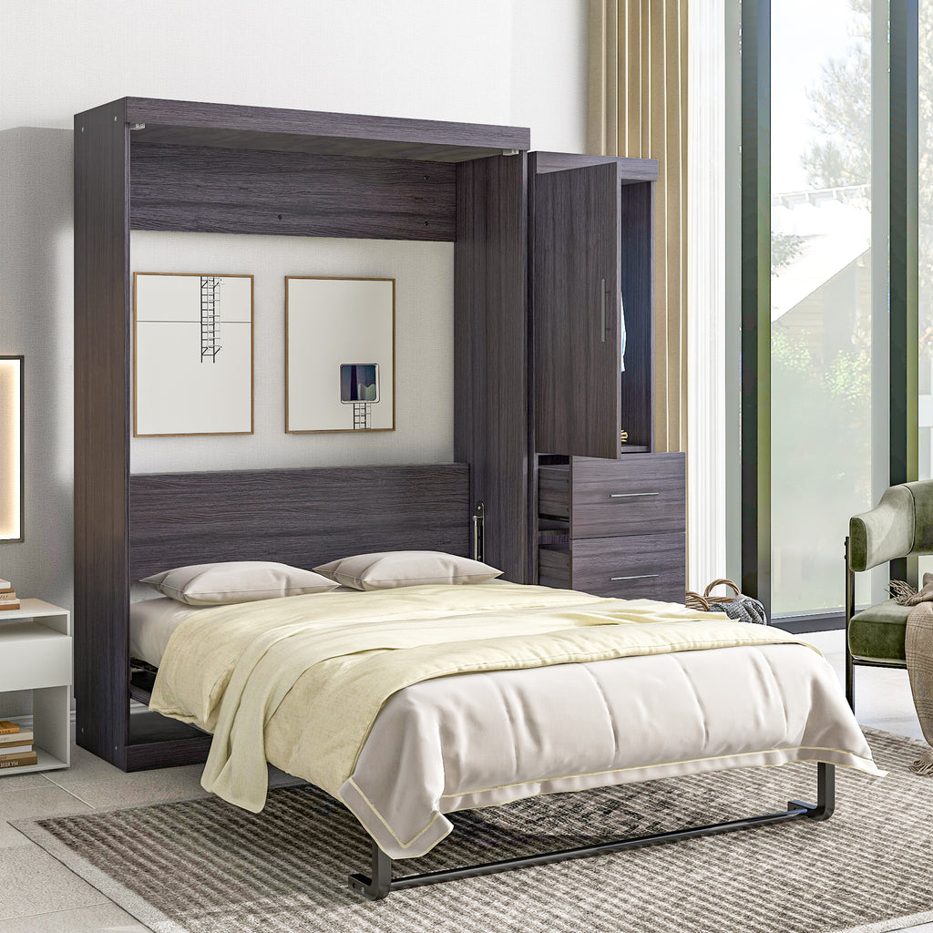 HighPeak Foldable Cabinet Bed in gray with full-size bed folded out, built-in wardrobe, and modern living room setting