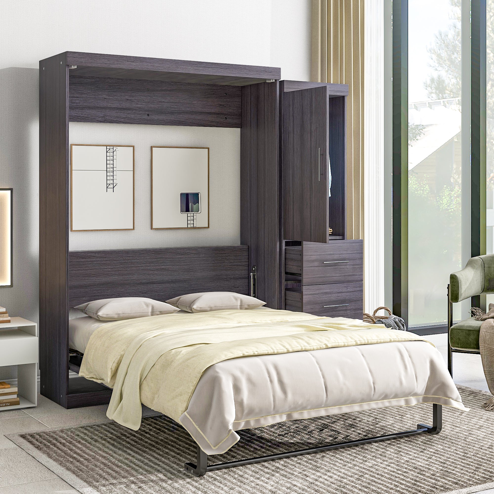 HighPeak Foldable Cabinet Bed in gray with full-size bed folded out, built-in wardrobe, and modern living room setting