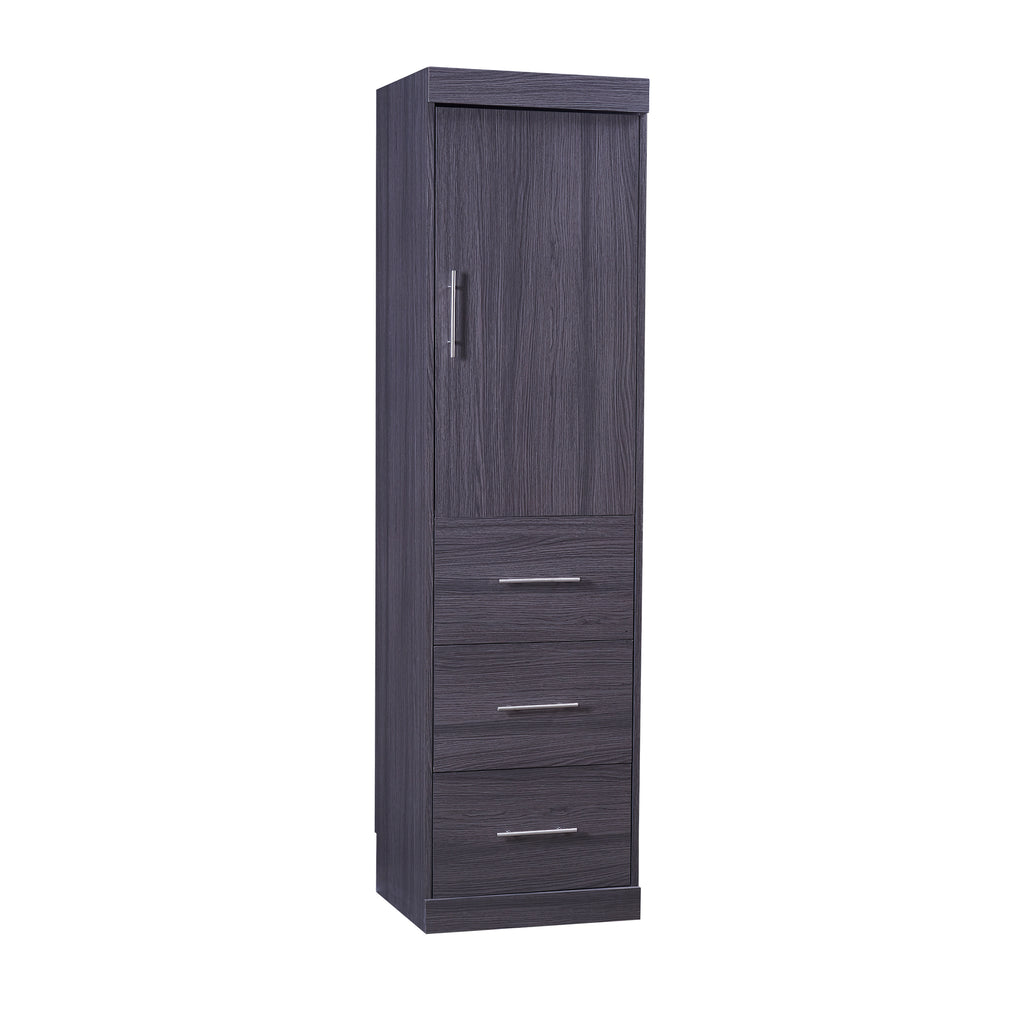 HighPeak Foldable Cabinet Bed in sleek gray closed position showing wardrobe door and three drawers for storage.