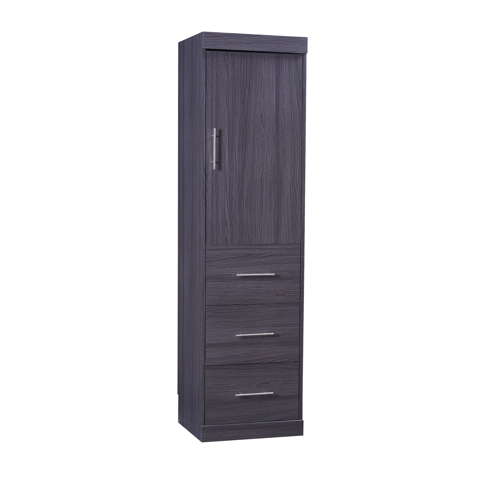 HighPeak Foldable Cabinet Bed in sleek gray closed position showing wardrobe door and three drawers for storage.
