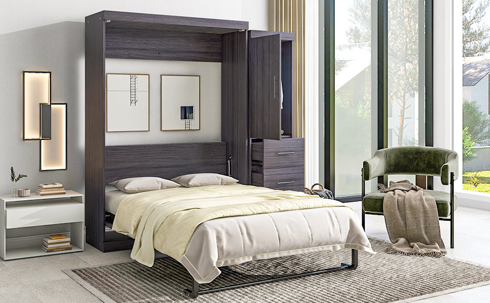HighPeak Foldable Cabinet Bed in gray with full-size mattress, built-in wardrobe, drawers in modern living room.