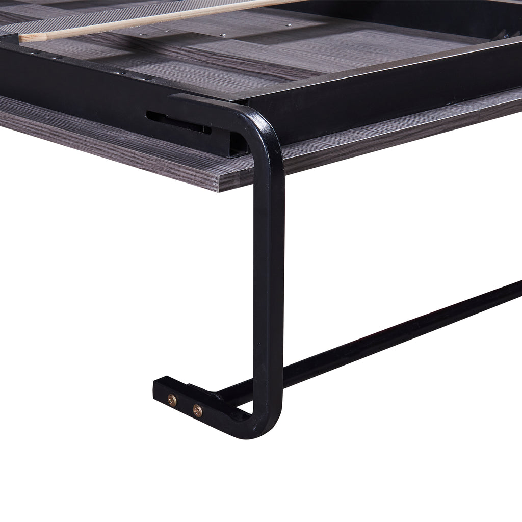 HighPeak Foldable Cabinet Bed close-up showing black metal frame and gray wood finish corner detail