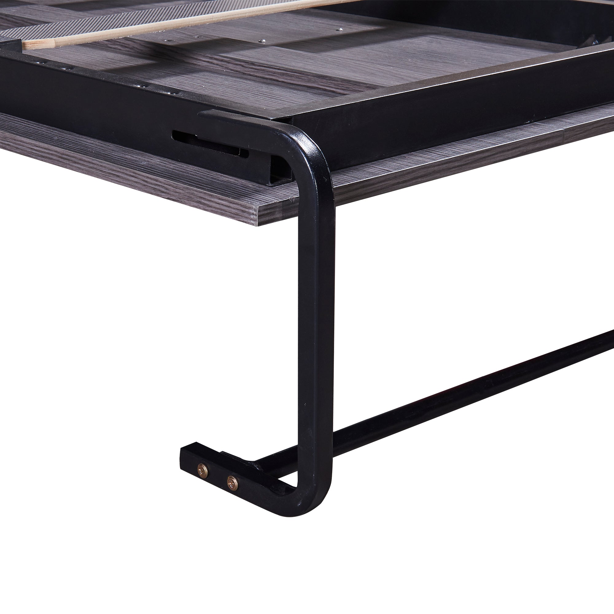 HighPeak Foldable Cabinet Bed close-up showing black metal frame and gray wood finish corner detail