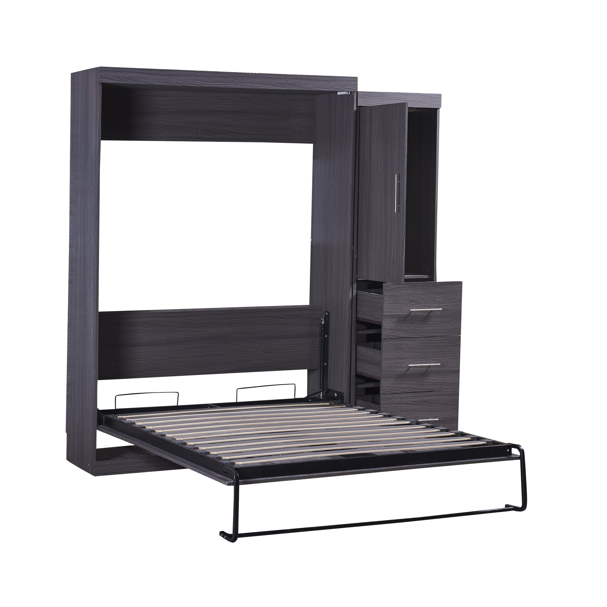 HighPeak Foldable Cabinet Bed in sleek gray with open wardrobe and drawers, showcasing space-saving full-size Murphy bed frame.