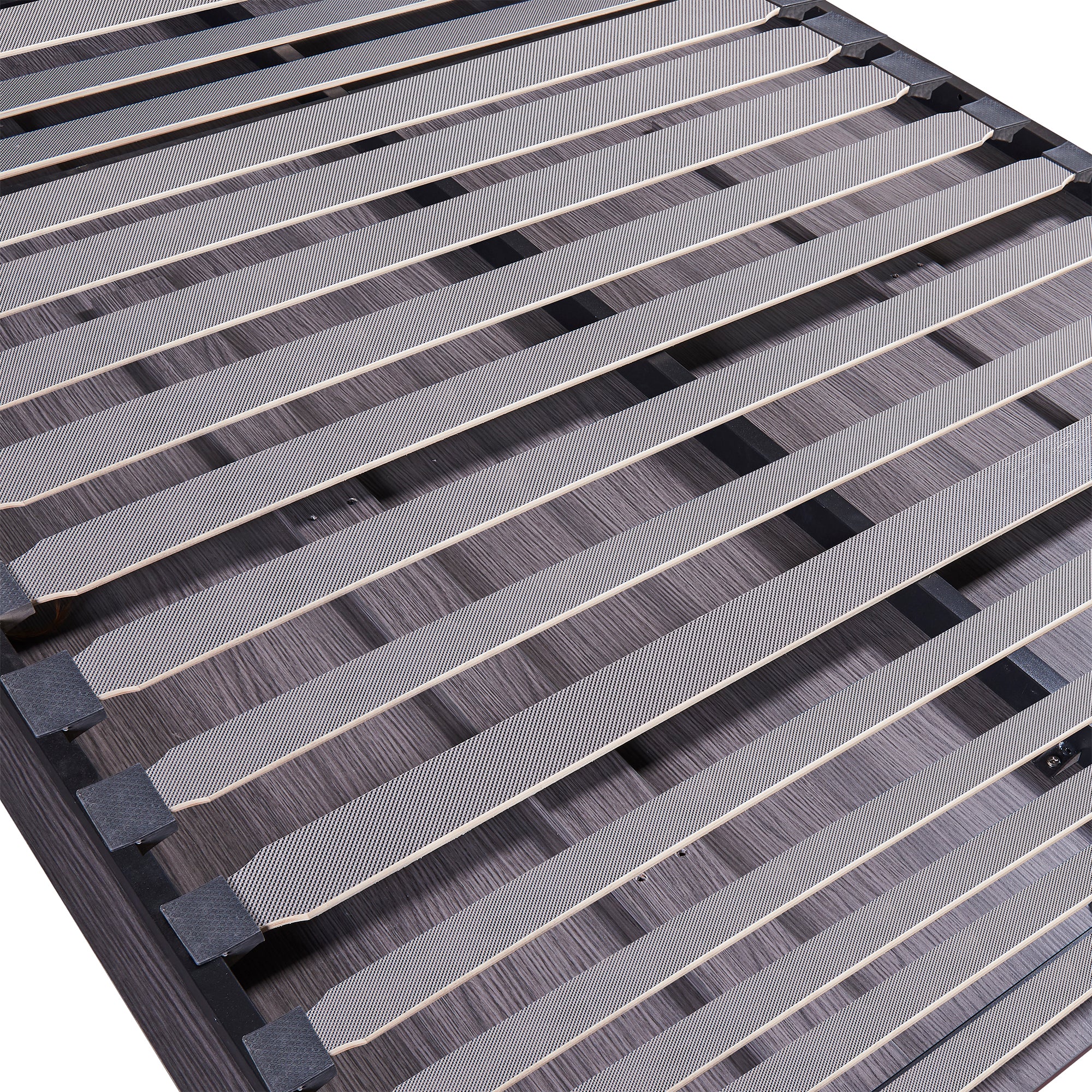 HighPeak Foldable Cabinet Bed close-up of wooden slats and dark gray frame showing sturdy bed base structure