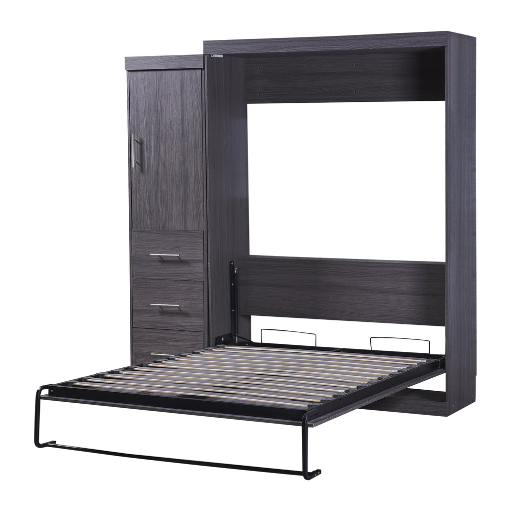 HighPeak Foldable Cabinet Bed in dark gray with built-in drawers and wardrobe, space-saving full-size Murphy bed frame open