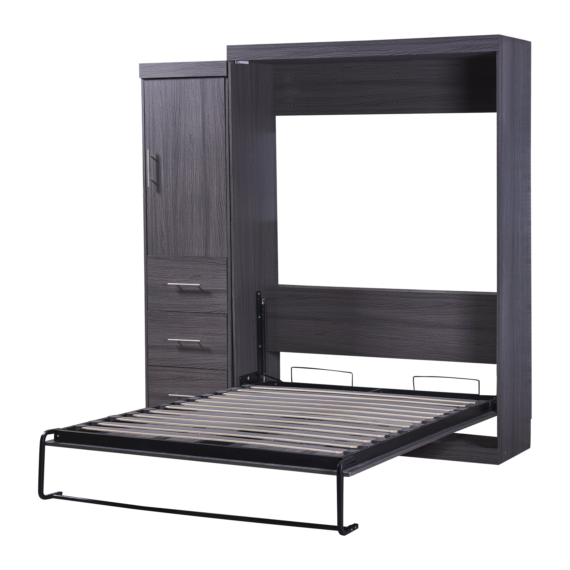 HighPeak Foldable Cabinet Bed in dark gray with built-in drawers and wardrobe, space-saving full-size Murphy bed frame open
