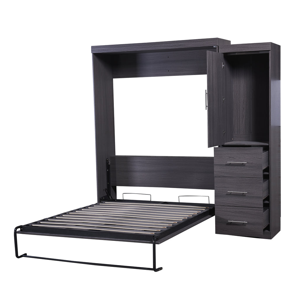 HighPeak Foldable Cabinet Bed in sleek gray with full-size frame, built-in wardrobe, and drawers in open position