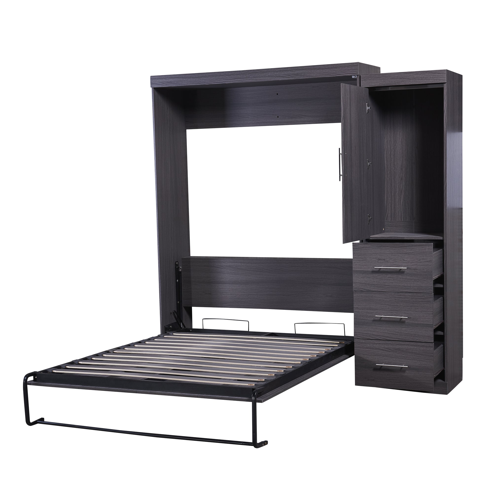 HighPeak Foldable Cabinet Bed in sleek gray with full-size frame, built-in wardrobe, and drawers in open position